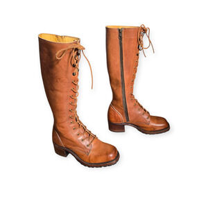 Frye Campus Lug Lace Up Tall Knee High Brown Leather Side Zipper Boots